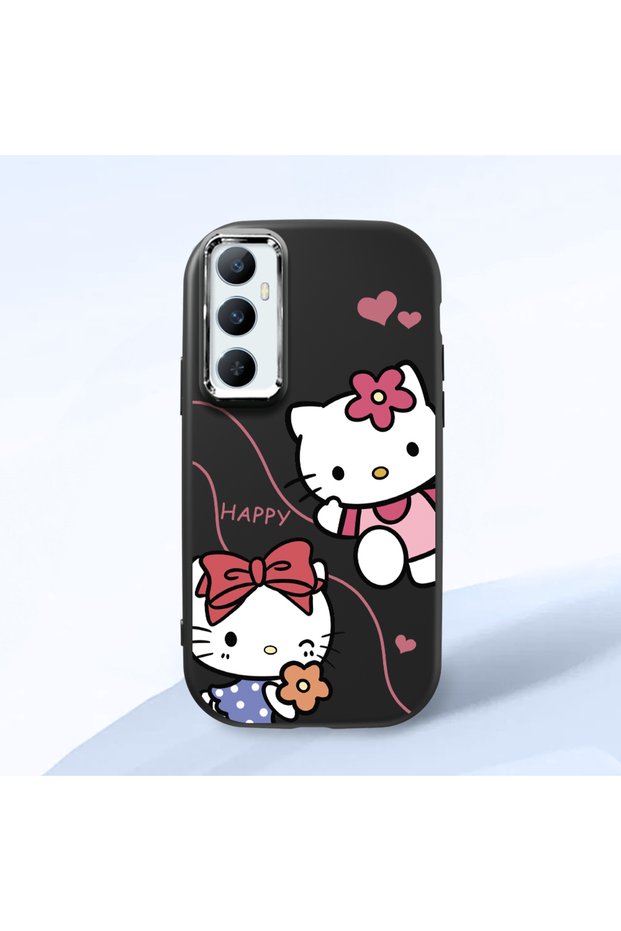 حافظة هاتف من السيليكون الناعم باللون الأسود متوافقة مع كاميرا Realme C65 Hello Kitty منقوش