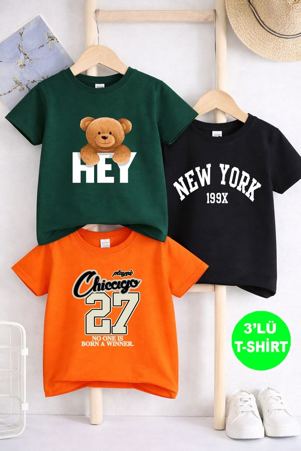 Teddy Bear and Mixed Printed Cotton Pack of 3 Unisex Orange-Black-Green Children's T-Shirts