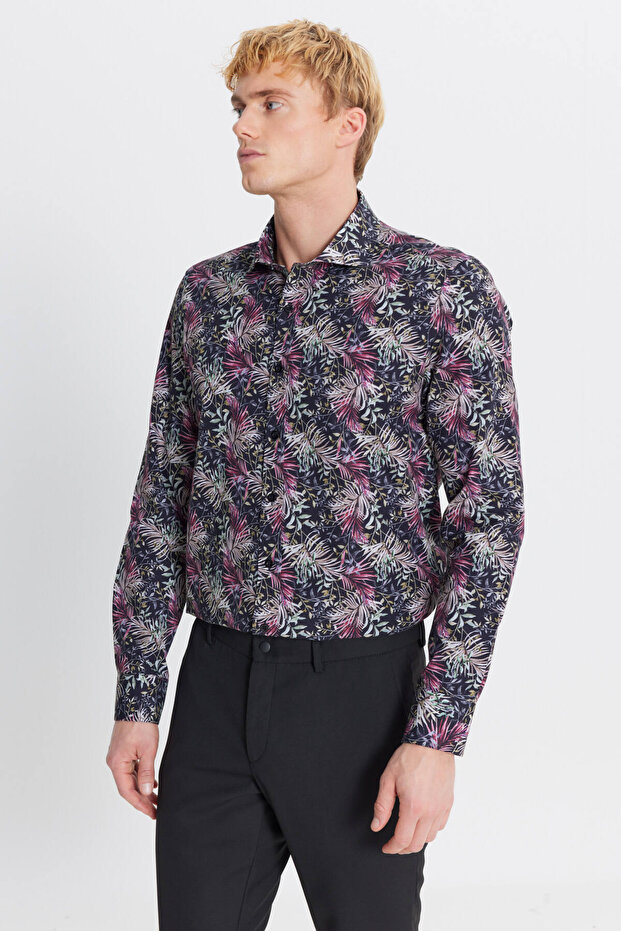 Men's Black Red 100% Cotton Slim Fit Slim Fit Large Italian Collar B Printed Shirt