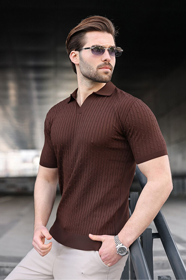 Brown Slim Fit Polo Neck Knitwear Men's T-Shirt E7472