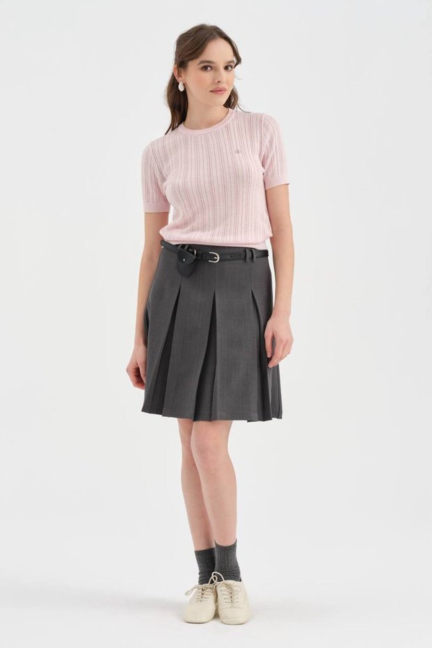 Women's Pleated Leather Belt Detail Midi Length Design Skirt