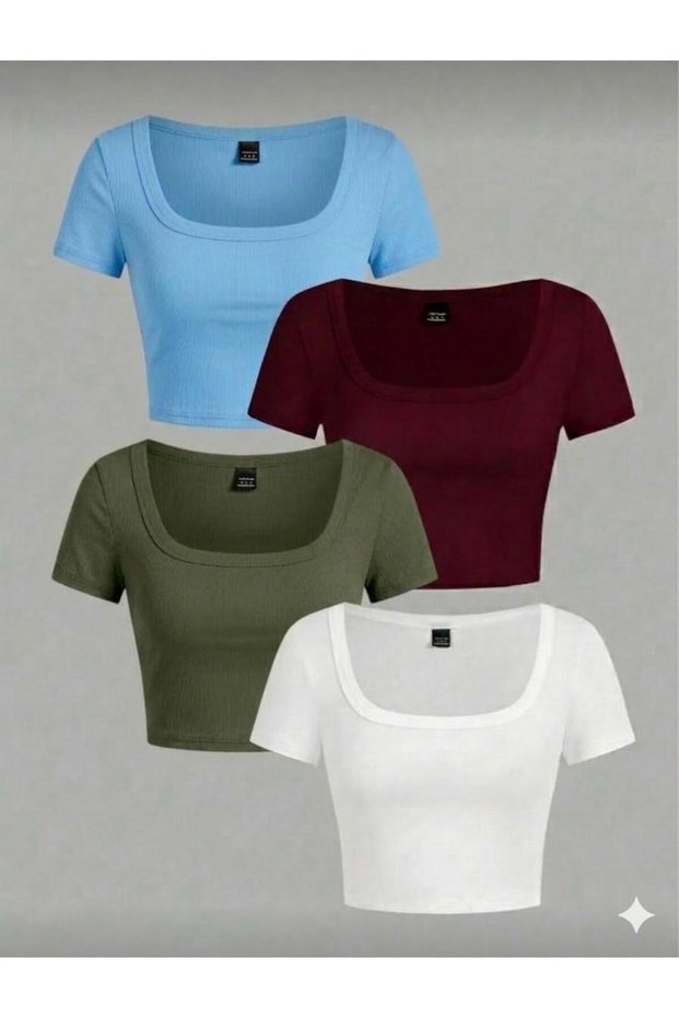 Women's 4-Pack Corded Fabric Ribbed Knit Cotton Pack Body-Hugging Square Collar Cropped T-Shirt