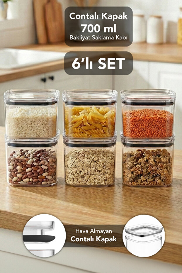 6-Piece Pure Square Storage Container - Transparent Mica Airtight Food and Grain Container with Sealed Lid 700ml