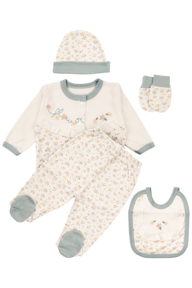 Baby Girl Ecru Green Floral Embroidered Ruffled 5-Piece Hospital Discharge Set