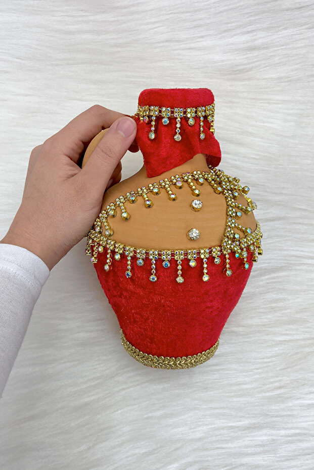 Red Test, Velvet and Luxurious Shiny Stone Decorated Bridal Henna Night Test, Wedding Cube, Soil Test