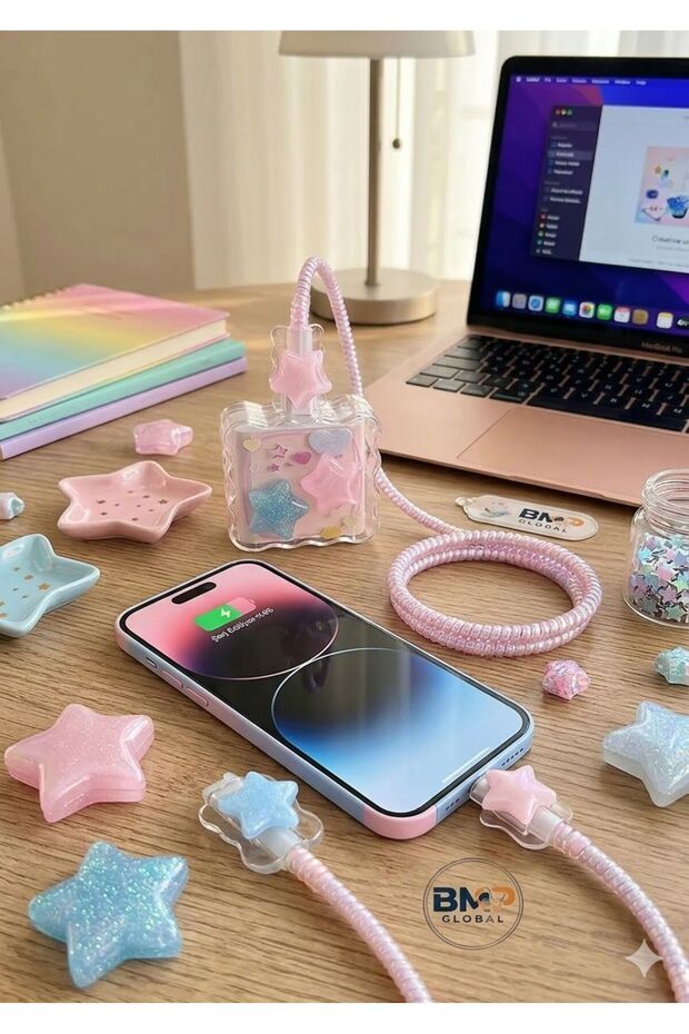 Star Pink Blue Themed Stylish Phone Cable Protector Set 🖤 💖 (18W/20W)