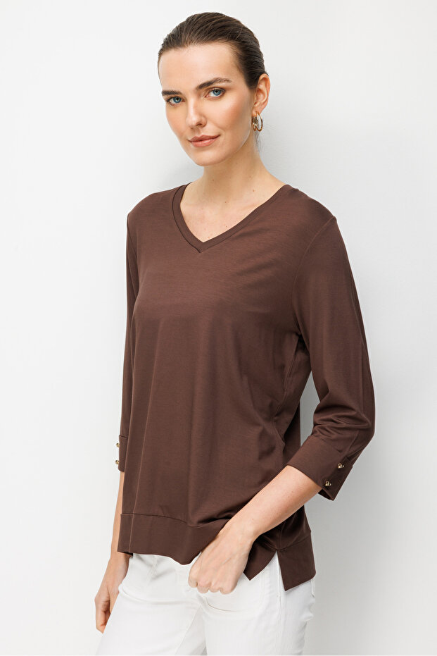 Women's V-Neck Combed Cotton Blouse Dark Brown