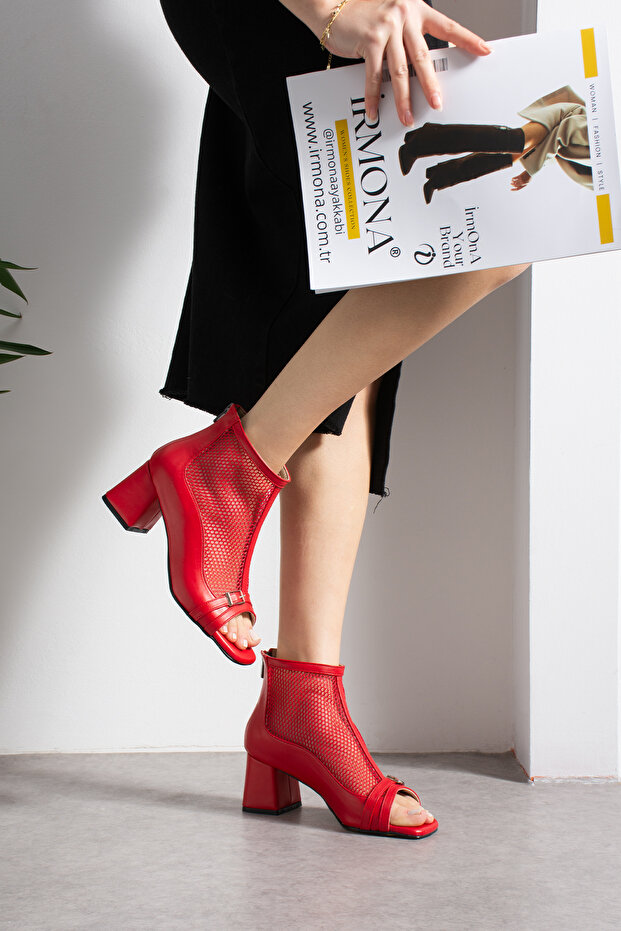 Rania Red D Leather 5 cm Heel Boots with Fishnet Zipper Detail