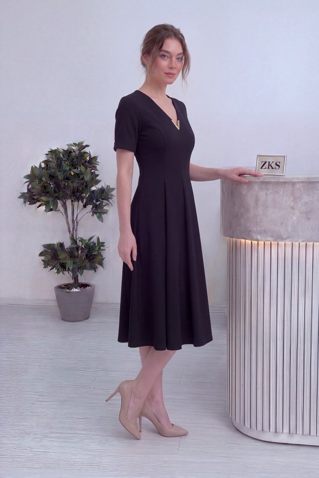 Women's Short Sleeve V-Neck Accessory Dress Midi Length Burgundy, Plum, Black, Brown
