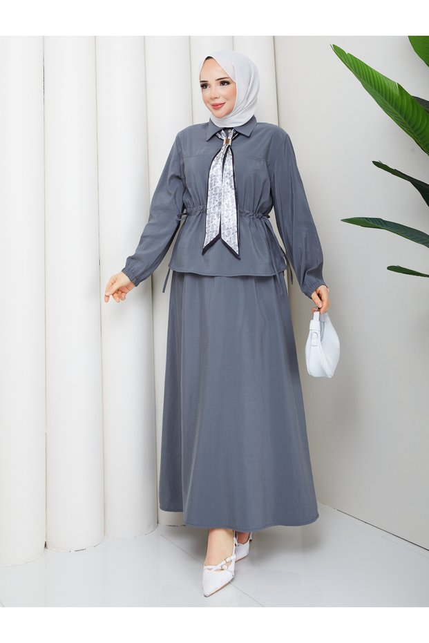Zippered Tie-Down Detailed Shirt & Skirt with Scarf Hijab Set Rc9032