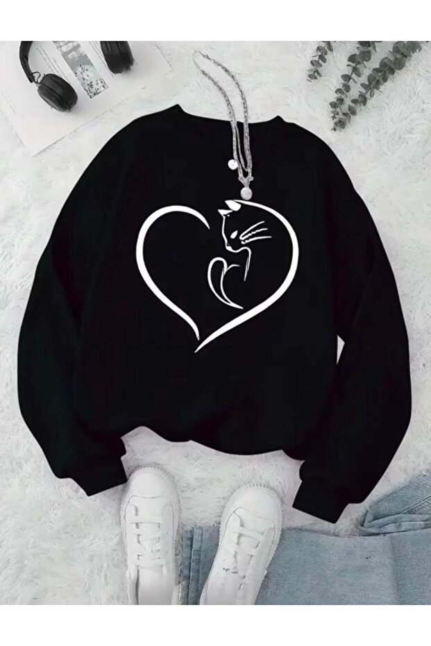 Heart Cat Printed Crew Neck Women's Plain Black Sweatshirt