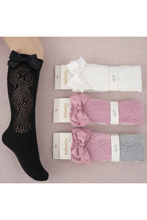 Girl's Knee-Length Bamboo Bow Socks