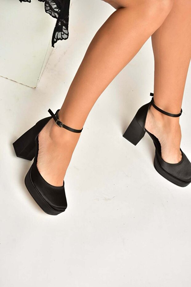 Y246043004 Black Fabric Thick Platform Heeled Evening Dress Shoes