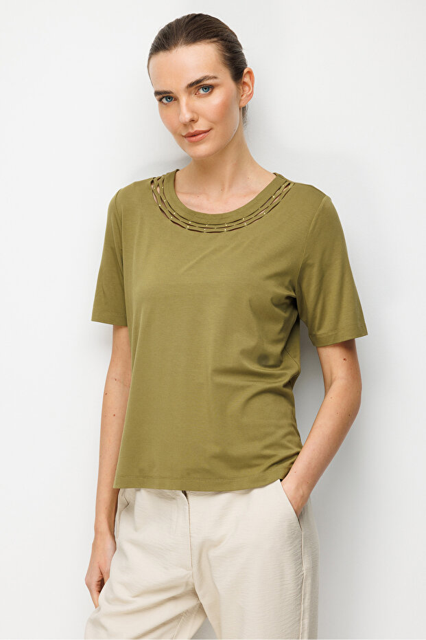 Women's Crew Neck Double Striped Stoned Combed Cotton T-Shirt Khaki