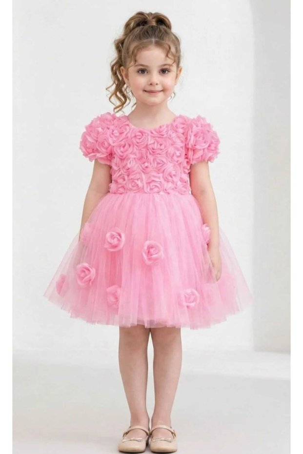 Girl's Rose Detailed Tulle Dress Princess Model 2 Pieces-1693
