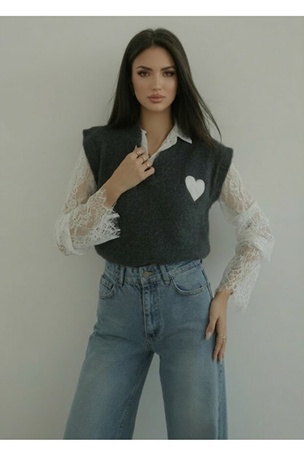 Anthracite Collared Sweater with Lace Hearts on the Sleeves - 1247