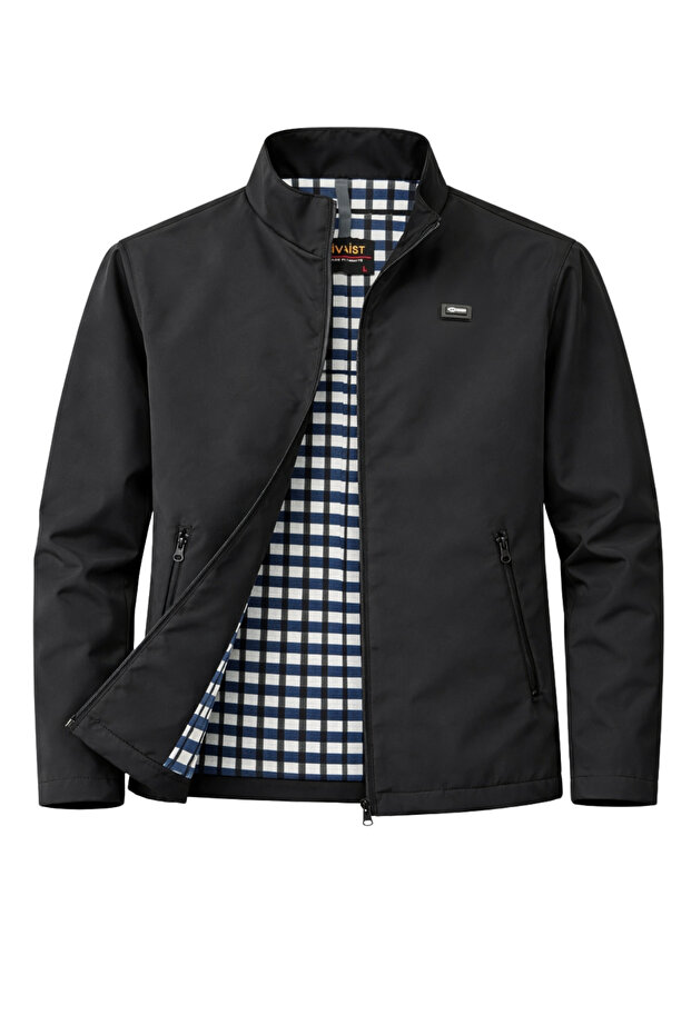 Black Men's Cotton Polyester Mixed Bonded Fabric Water and Windproof Transitional & Summer Coat