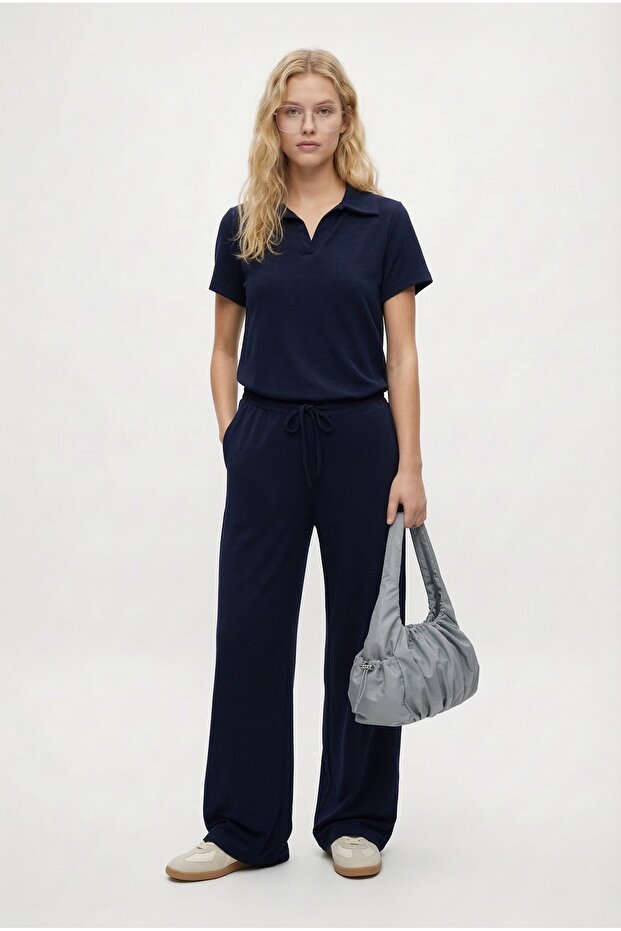 Women's Nadia Modal Touch Polo Collar Waist Elastic Pocketed Navy Blue Bottom Top Set