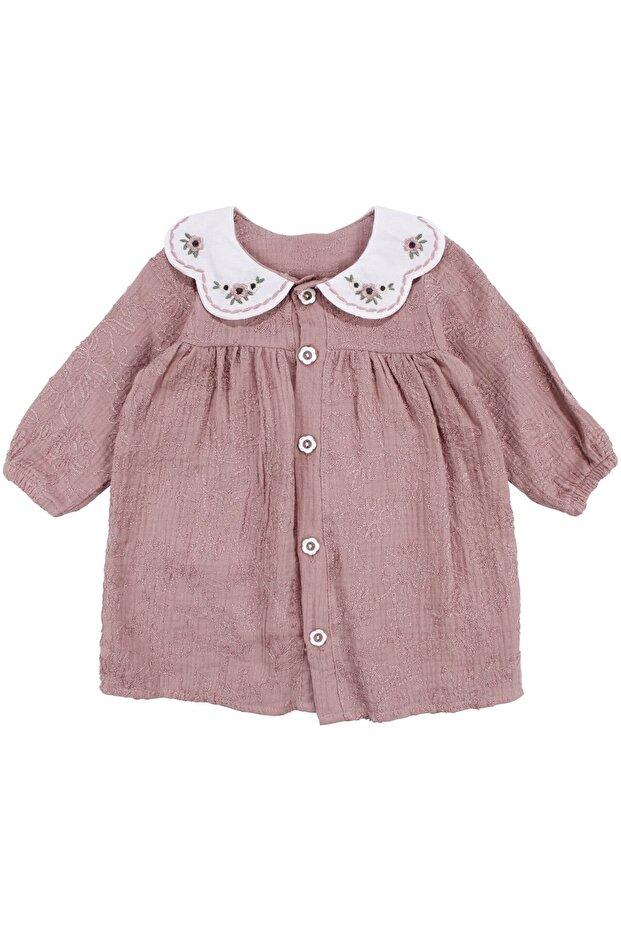 Baby Girl Dusty Rose Embroidered Collared Muslin Dress