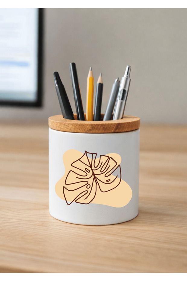 Printed Ceramic Pen Holder with Boho Design and Wooden Detail Desktop Pen Holder