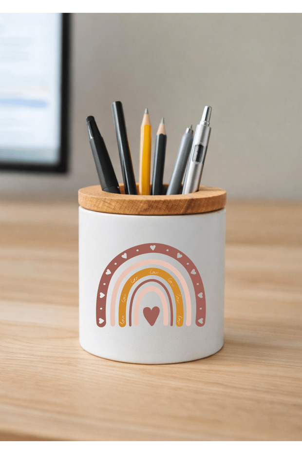Printed Ceramic Pen Holder with Boho Design and Wooden Detail Desktop Pen Holder