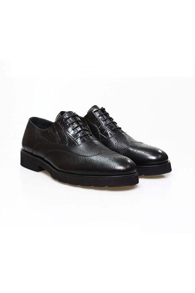 Black Color Lace-Up Genuine Leather Men's Shoes