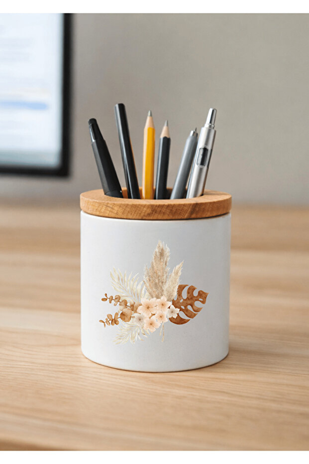 Printed Ceramic Pen Holder with Boho Design and Wooden Detail Desktop Pen Holder