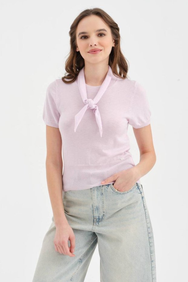 Women's Wool Piece Knitwear Scarf Detailed Design Short Sleeve Blouse