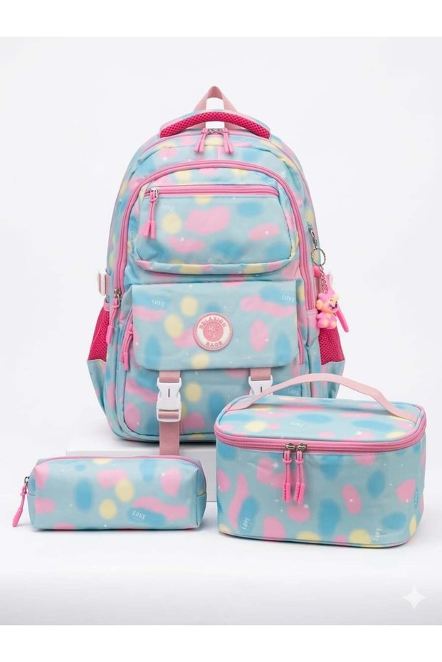 Relaxion 3-Piece Set with Accessories for Girls Primary School Lunch Box Bag with Pen Holder Lunch Box Bag Backpack Bag