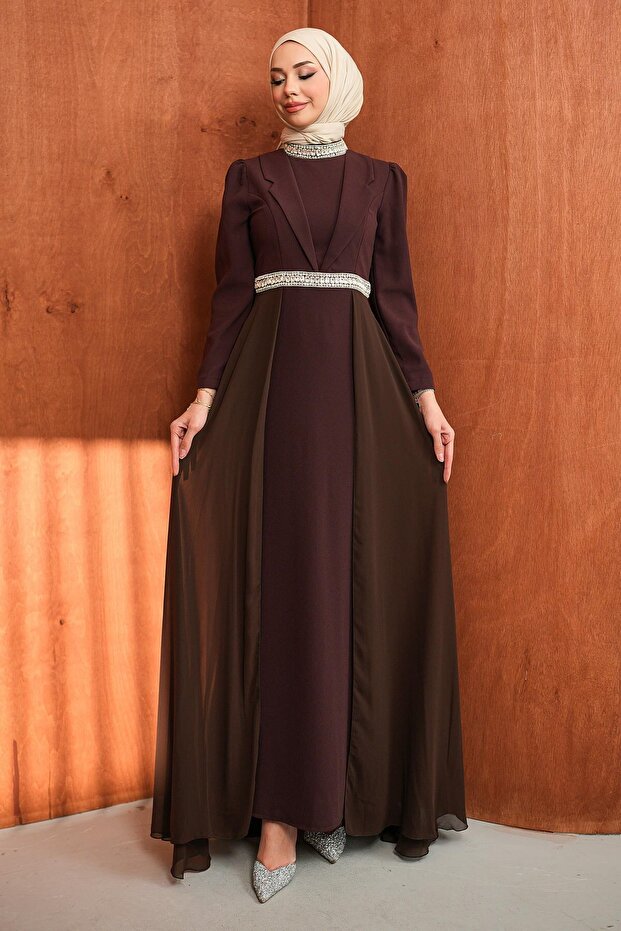 Brown Collar Detail Stone Evening Dress
