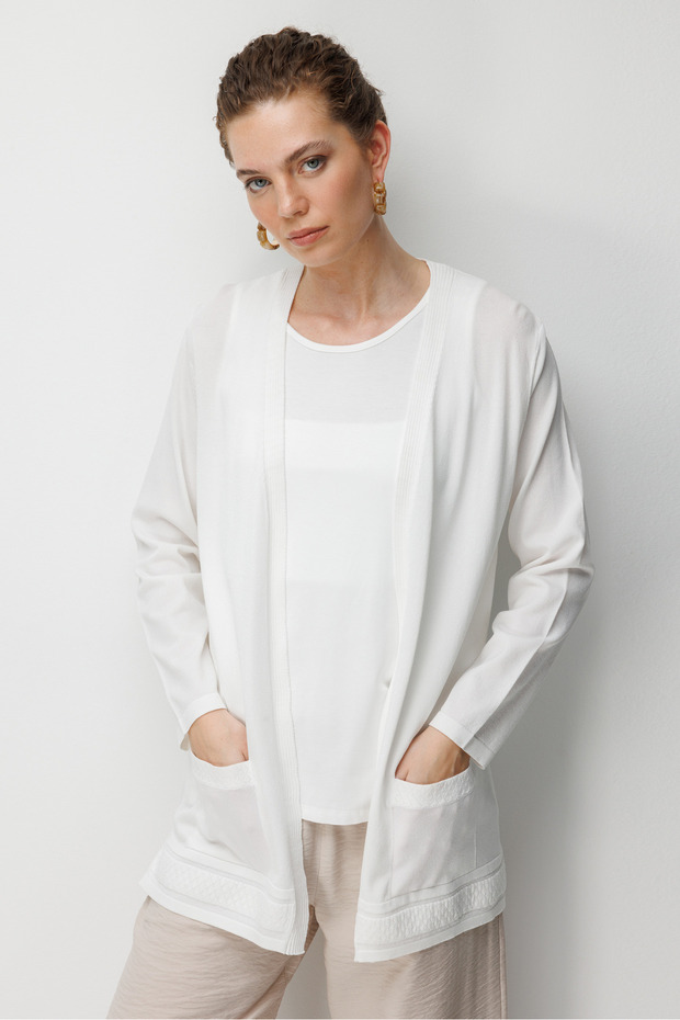 Women's V-Neck Skirt with Diamond Pattern Open Front Fine Knit Cardigan Bone