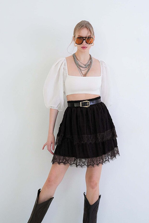 Bitter Brown Leather Belted Layered Ruffled Mini Skirt Alc-X15428