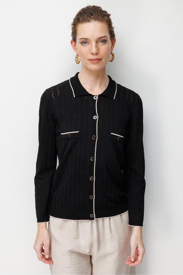 Women's Polo Collar Lace-Like Knit Araboy Fine Knit Cardigan Black