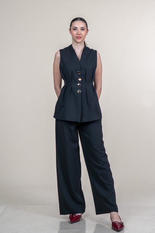 Women's Summer Black Pilikalet Vest and Pants Set Stylish Daily Comfortable Two-Piece 1298
