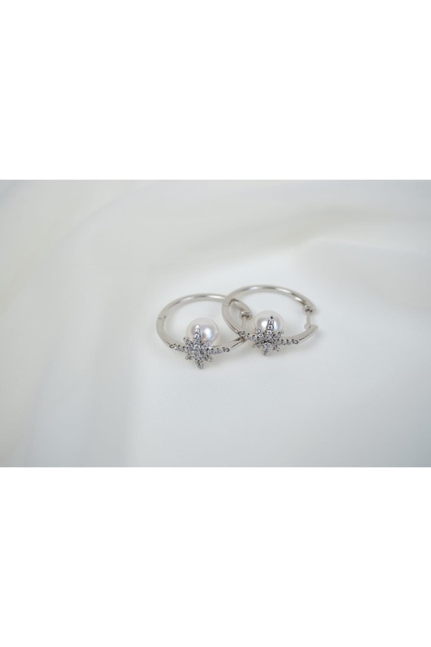 Kp294 Star Figure Pearl Hoop Earrings Silver (Diameter 20 mm)