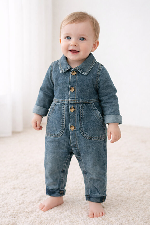 Baby Boy Denim Button Pocketed Denim Baby Overalls