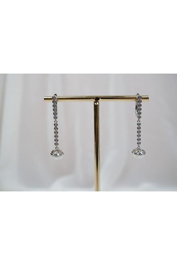 Kp296 Long Chain Stone and Pearl End Dangle Earrings Silver (Length 42 mm)