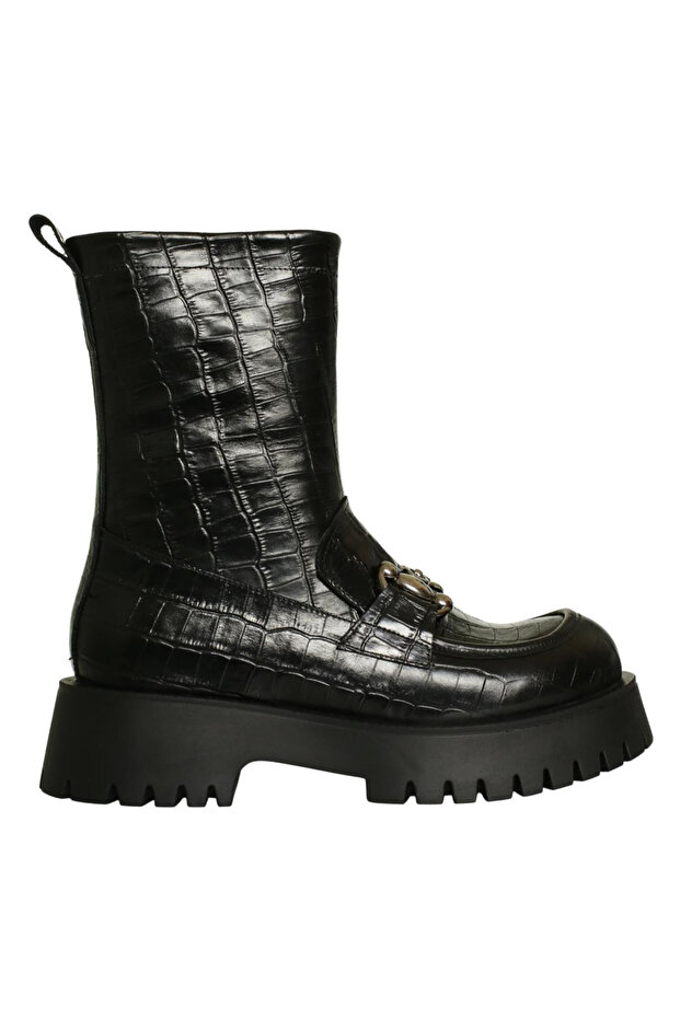 Black Leather Buckle Detailed Women's Boots