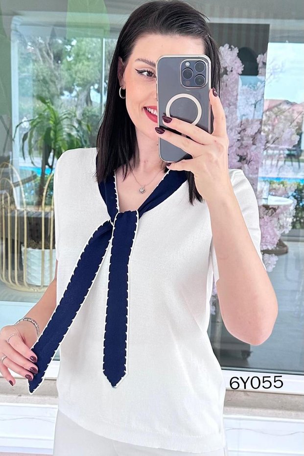 Collar Detail Mercerized Knitwear Blouse 6Y055