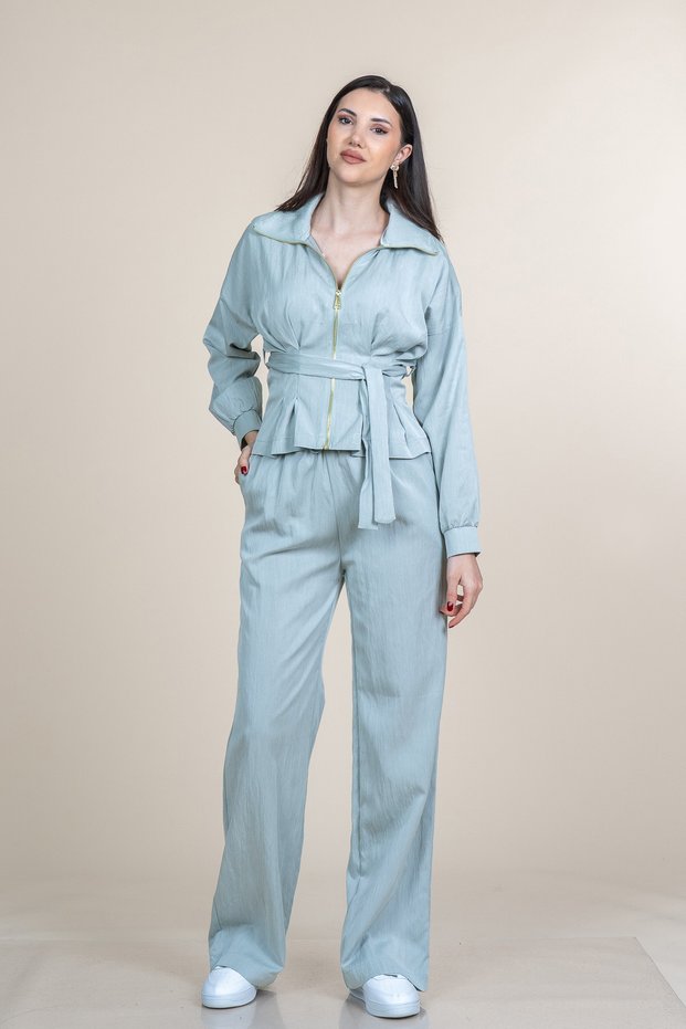 Women's Summer Mint Trend Sports Long Sleeve Jacket and Elastic Waist Pants Set Stylish Daily Casual Two-Piece 1305