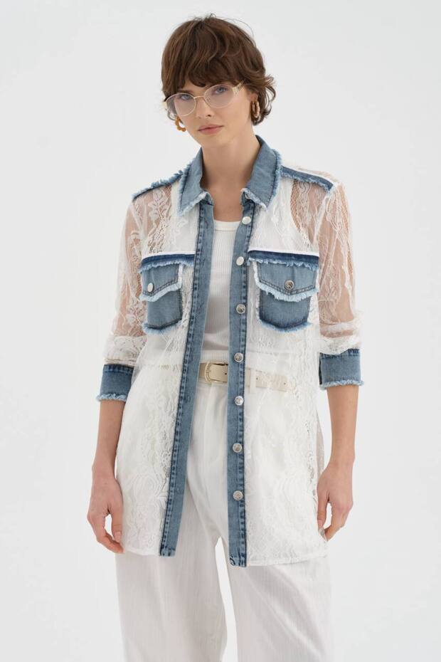 Women's Lace and Denim Fabric Paneled Design Jacket Shirt