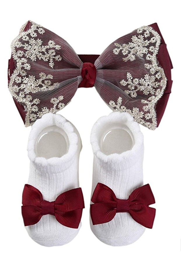 - Aaliyah Socks & Cute Ribbon Big Bow Headband Set - Burgundy