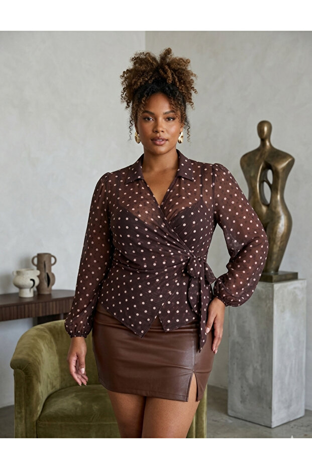 Plus Size Tie-Detail Polka Dot Pack Chiffon Blouse
