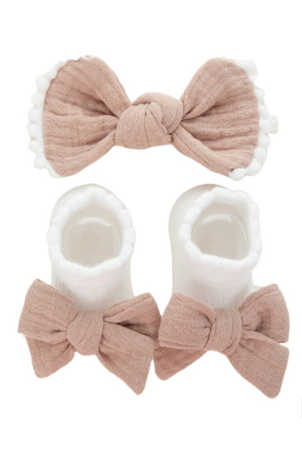 - Anika Socks & Ribbon Bow Headband Set - Light Brown