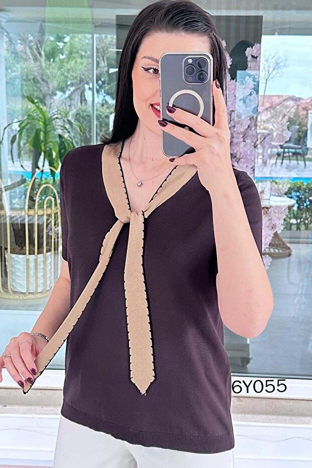 Collar Detail Mercerized Knitwear Blouse 6Y055