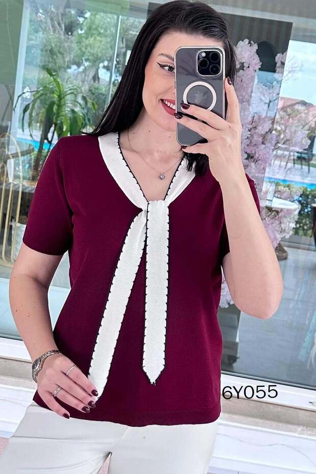 Collar Detail Mercerized Knitwear Blouse 6Y055