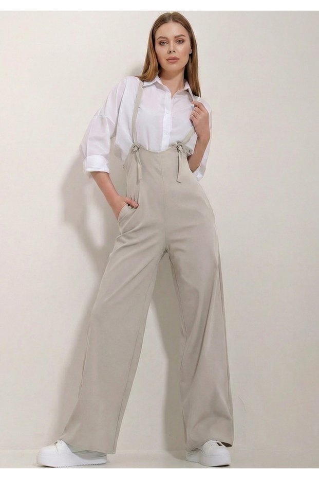Women's Gray Stretch Fabric Double Crepe Pocketed Strap Salopet Jumpsuit