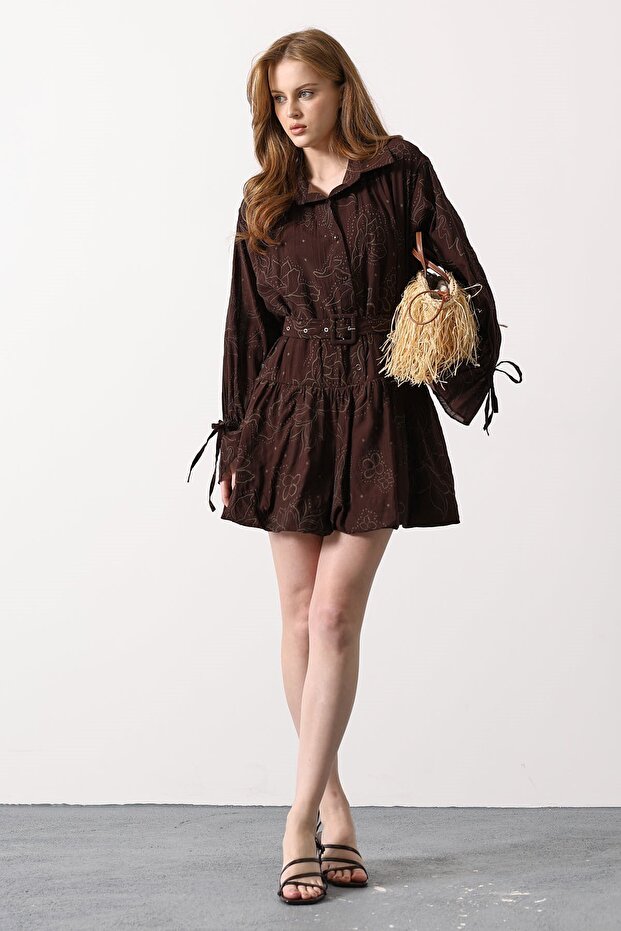 Women's Embroidered Patterned K Belt İ Mini Shirt Dress Brown