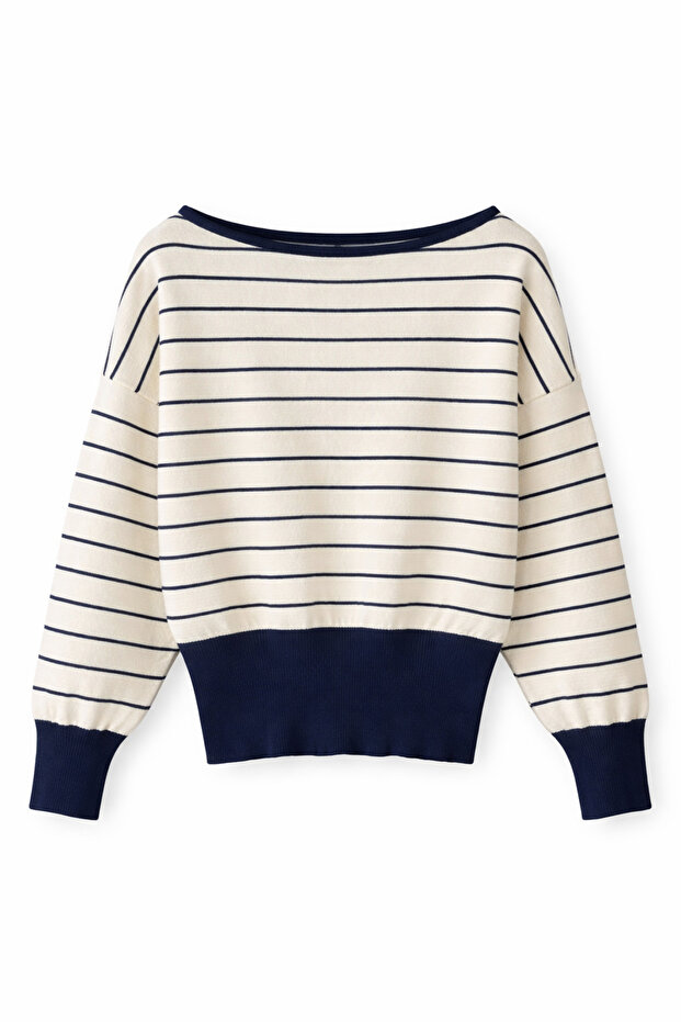 7031 Women's Asymmetrical Cut Boat Neck Striped Sweater Navy Blue Natural