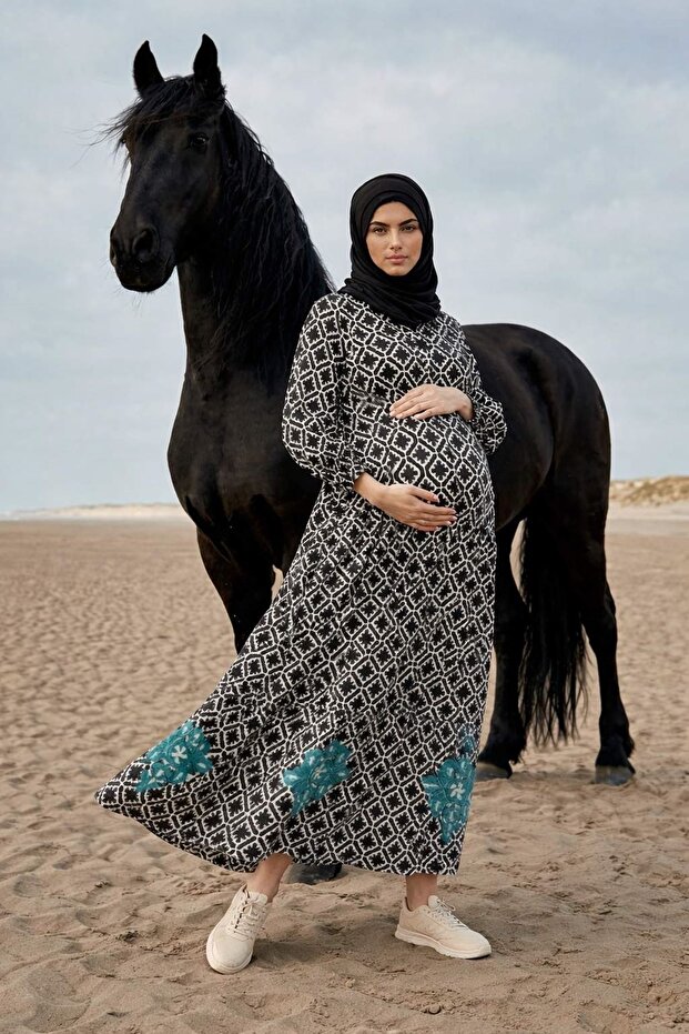 Women's Button-Front Embroidered Pocketed Black Maternity Hijab Dress